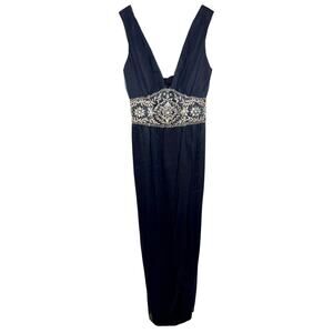 NWT Mandalay Black Silk Beaded Embellished Maxi Evening Gown Dress Womens Size 6